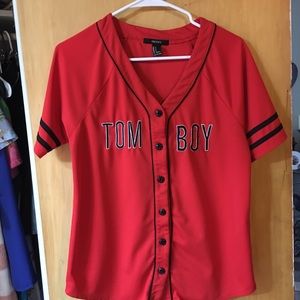 Red baseball button up graphic shirt TOMBOY